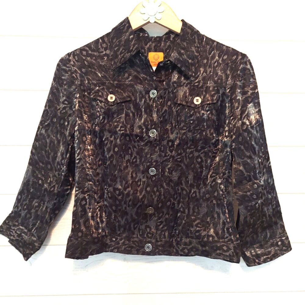Ruby Rd Womens Jacket Shacket 12P Black Silver Metallic Leopard Button Up